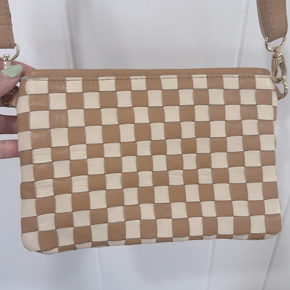 Cleobella crossbody leather check tan and cream bag